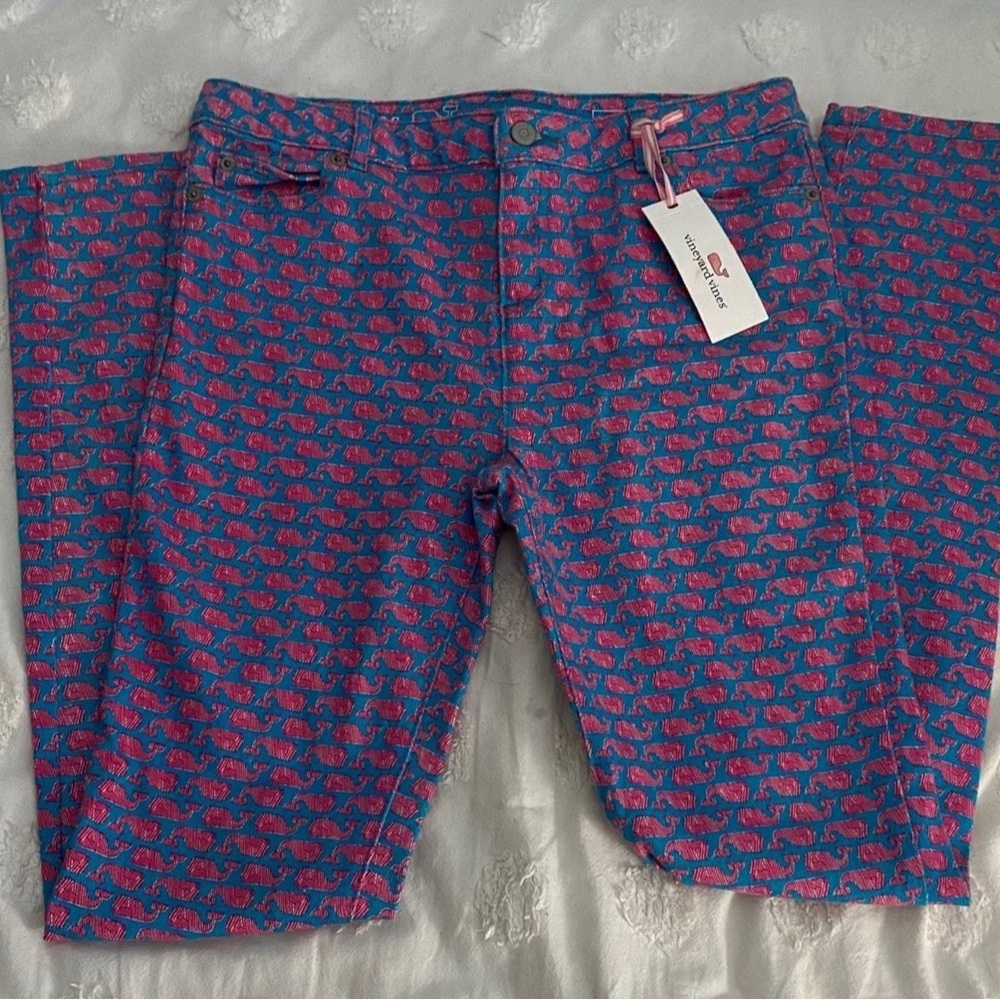 Vineyard Vines Turquoise and Pink Whale Print Skinny Jeans